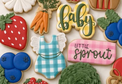 Little Sprout garden baby shower set — strawberries, carrots, blueberries, gingham onesie and cabbage rose — custom decorated cookies by Dreams of Buttercream
