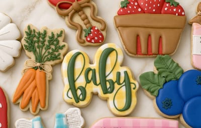 Farmers market baby shower set — carrot bunch, strawberry basket, blueberries and herbs — custom decorated cookies by Dreams of Buttercream