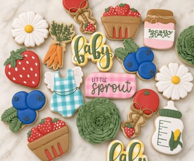 Garden Little Sprout baby shower set — strawberries, daisies, carrots, blueberries and gingham onesie — custom decorated cookies by Dreams of Buttercream