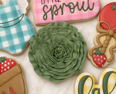 Little Sprout baby shower cookies — gingham onesie, cabbage rose and strawberry — custom decorated cookies by Dreams of Buttercream