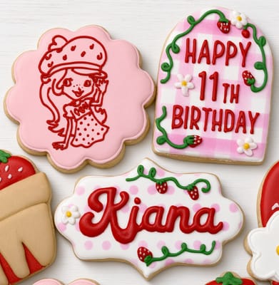 Strawberry Shortcake 11th birthday cookies with berry baskets and gingham plaques — custom decorated cookies by Dreams of Buttercream