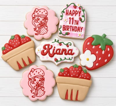 Strawberry Shortcake birthday set — character plaques, berry baskets and strawberries — custom decorated cookies by Dreams of Buttercream