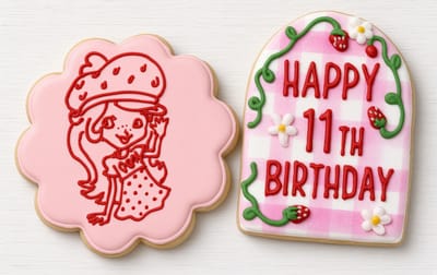 Pink character plaque with a Happy 11th Birthday arch cookie — custom decorated cookies by Dreams of Buttercream