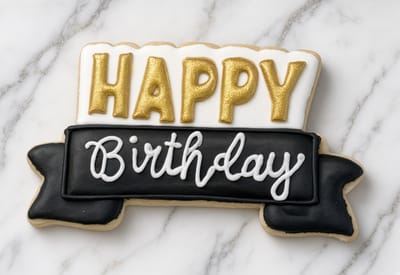 Black and gold Happy Birthday banner plaque cookie — custom decorated cookies by Dreams of Buttercream