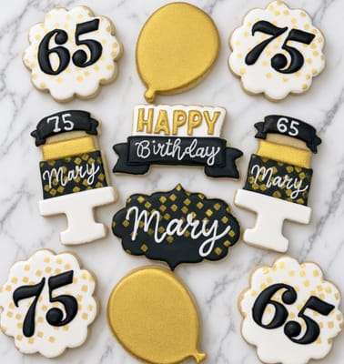 Joint 65th and 75th birthday set in black, white and gold with balloons and tiered cakes — custom decorated cookies by Dreams of Buttercream