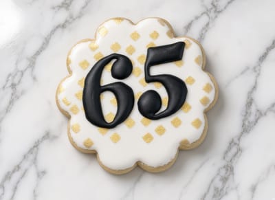 Gold polka-dot scalloped cookie with a black number sixty-five — custom decorated cookies by Dreams of Buttercream