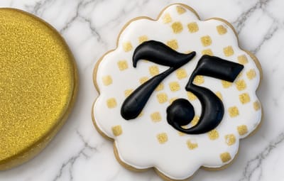 Gold disc and polka-dot number seventy-five cookies — custom decorated cookies by Dreams of Buttercream