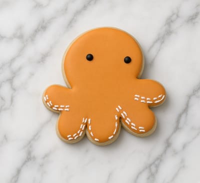 Orange octopus cookie with piped tentacle details — custom decorated cookies by Dreams of Buttercream