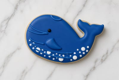 Blue whale cookie with white piped dots for an under-the-sea party — custom decorated cookies by Dreams of Buttercream