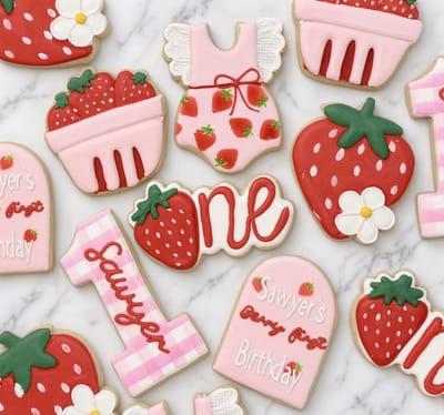 Strawberry first birthday set — berry baskets, romper, script one and arch plaque — custom decorated cookies by Dreams of Buttercream