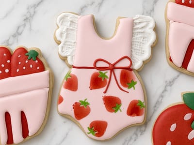Pink strawberry pinafore romper cookie beside a berry basket — custom decorated cookies by Dreams of Buttercream