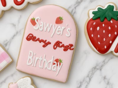 Berry first birthday arch plaque with a bright red strawberry cookie — custom decorated cookies by Dreams of Buttercream