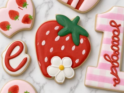 Strawberry with a daisy beside a pink gingham number one cookie — custom decorated cookies by Dreams of Buttercream
