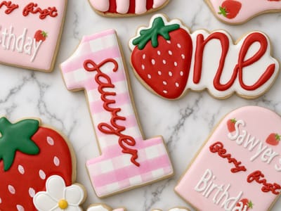 Pink gingham number one, strawberry and script one cookies — custom decorated cookies by Dreams of Buttercream