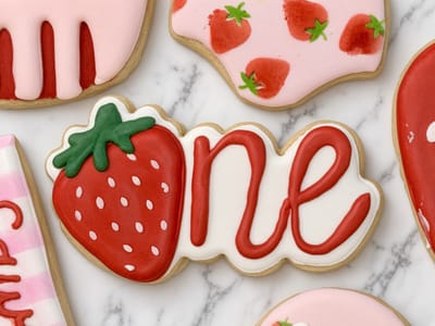 Red strawberry and script one cookies for a berry-themed first birthday — custom decorated cookies by Dreams of Buttercream