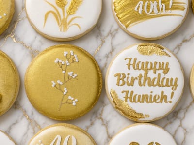 Gold and white 40th birthday set — hand-painted wheat, gold discs and Happy Birthday rounds — custom decorated cookies by Dreams of Buttercream
