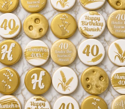 Under The Harvest Moon 40th birthday cookies in gold and ivory with wheat and monogram rounds — custom decorated cookies by Dreams of Buttercream