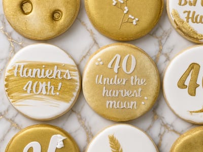 Elegant gold 40th birthday cookies — Under The Harvest Moon with wheat and number rounds — custom decorated cookies by Dreams of Buttercream