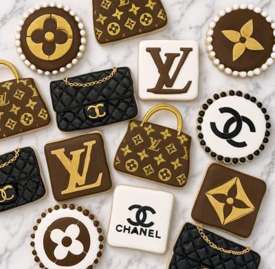 Designer handbag birthday cookies — monogram purses, quilted bags and logo rounds — custom decorated cookies by Dreams of Buttercream