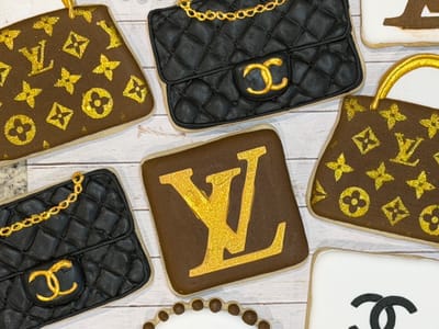 Luxury fashion cookie set in brown, black and gold with handbags and clutches — custom decorated cookies by Dreams of Buttercream