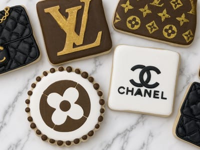 Designer-inspired cookies — monogram squares, quilted handbag and logo rounds — custom decorated cookies by Dreams of Buttercream