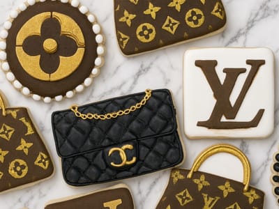 Fashion-themed cookies with pearl-edged rounds and gold-accented handbags — custom decorated cookies by Dreams of Buttercream